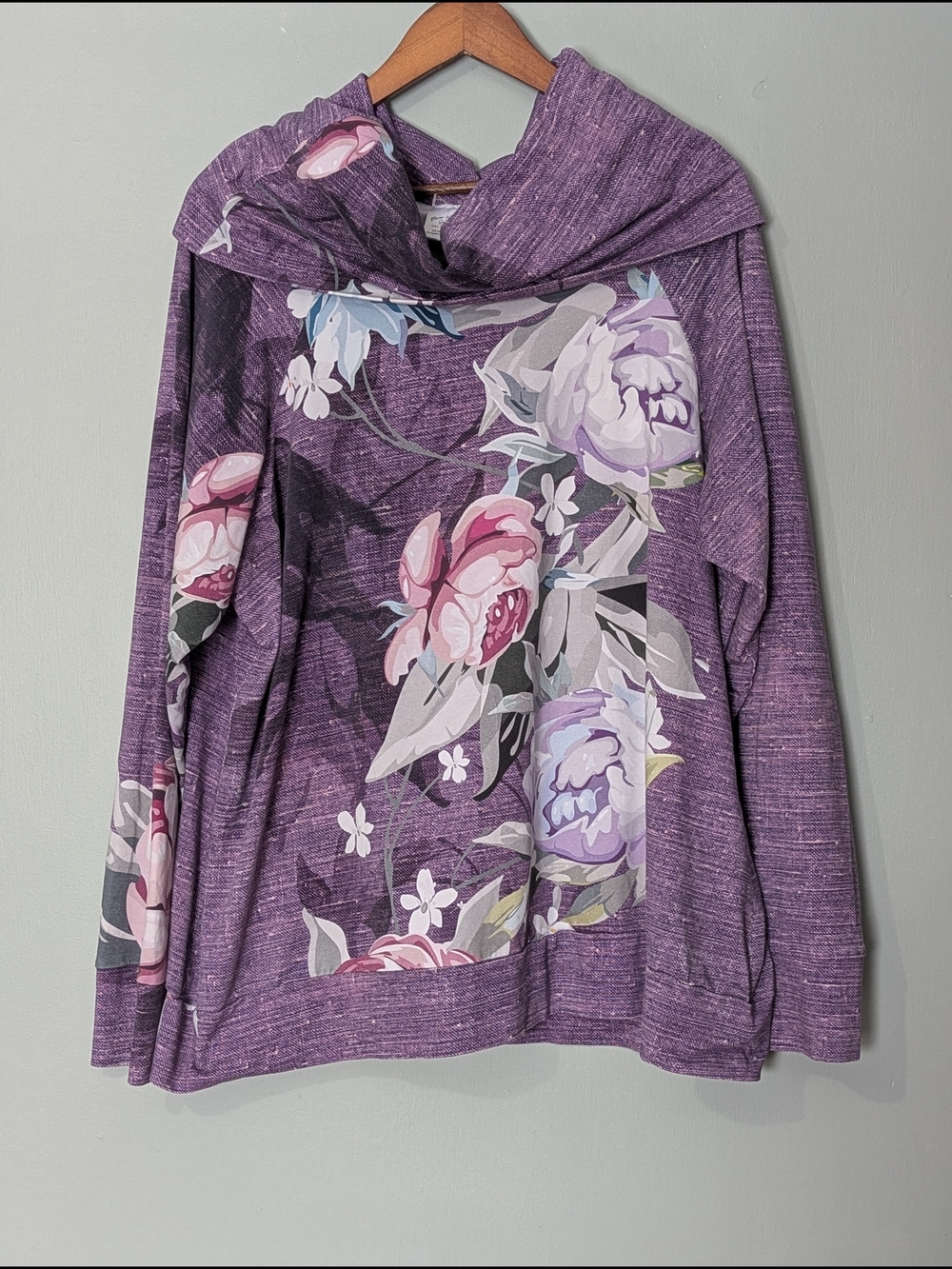 Women's Cowl Neck Purple Floral Hooded Sweater